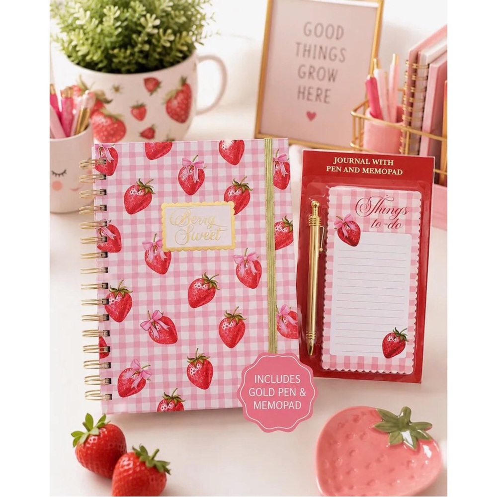 Pink Strawberries Bows and Gingham Spiral Notebook Set